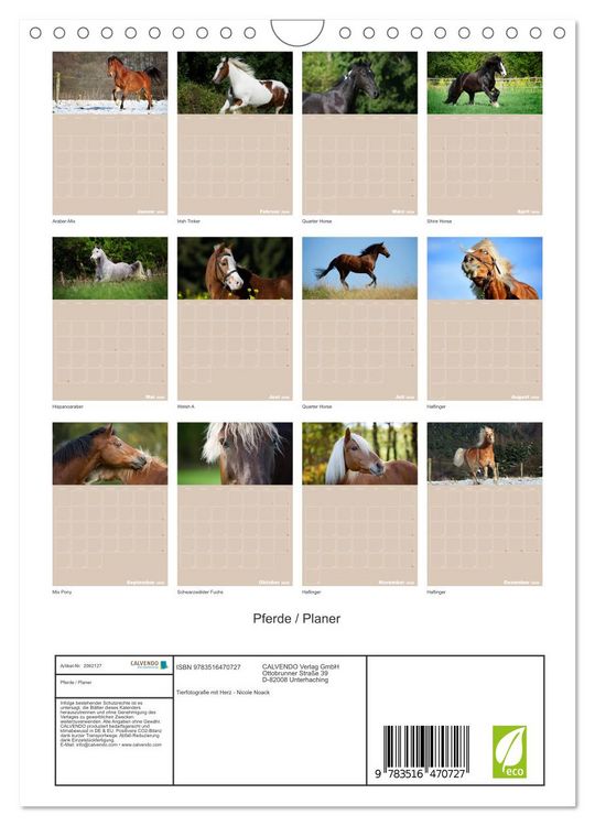 Produktbild: Pferde / Planer (Wandkalender 2026 DIN A4 hoch), CALVENDO Monatskalender