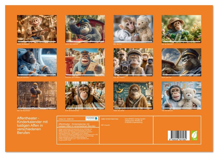 Produktbild: Affentheater - Kinderkalender mit lustigen Affen in verschiedenen Berufen (Wandkalender 2026 DIN A3 quer), CALVENDO Monatskalender