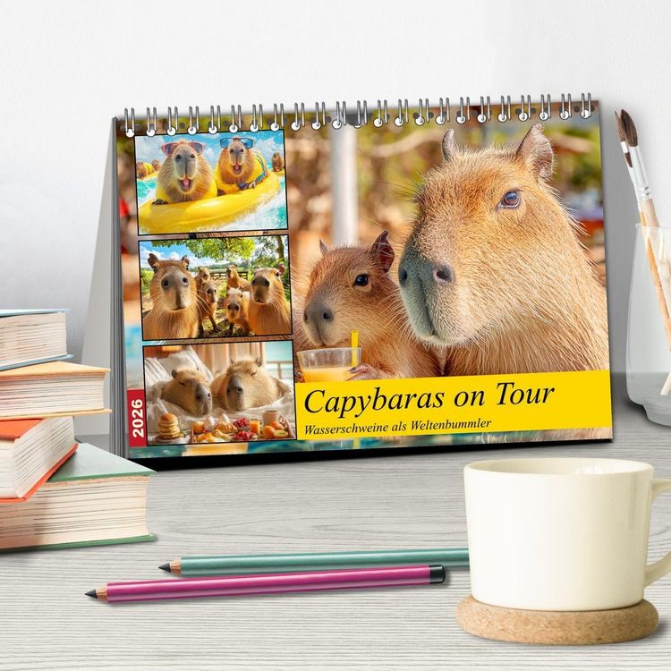 Produktbild: Capybaras on Tour. Wasserschweine als Weltenbummler (Tischkalender 2026 DIN A5 quer), CALVENDO Monatskalender