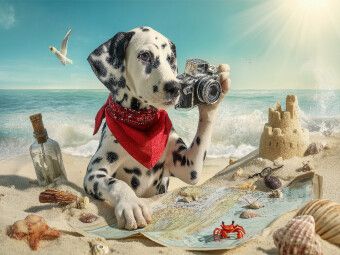 Produktbild: CALVENDO Puzzle Dalmatiner Hund auf Schatzsuche am Strand mit Karte und Kamera | 1000 Teile Lege-Gr&ouml;&szlig;e 64x48cm Foto-Puzzle f&uuml;r gl&uuml;ckliche Stunden