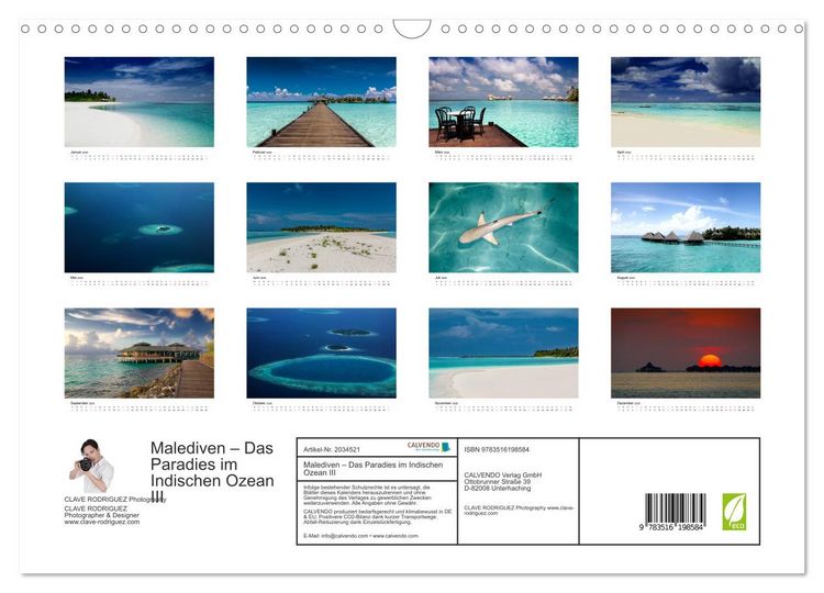 Produktbild: Malediven &ndash; Das Paradies im Indischen Ozean III (Wandkalender 2026 DIN A3 quer), CALVENDO Monatskalender