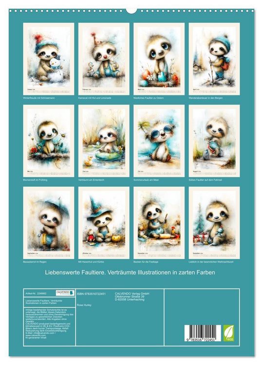 Produktbild: Liebenswerte Faultiere. Vertr&auml;umte Illustrationen in zarten Farben (hochwertiger Premium Wandkalender 2026 DIN A2 hoch), Kunstdruck in Hochglanz