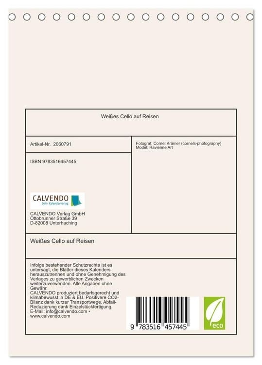 Produktbild: Wei&szlig;es Cello auf Reisen (Tischkalender 2026 DIN A5 hoch), CALVENDO Monatskalender