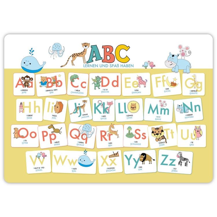 Produktbild: Hochwertiges ABC-Mini-Lernposter der Tiere (32,4 x 45,8 cm): Stabiler Karton, folienbeschichtet, abwischbar.