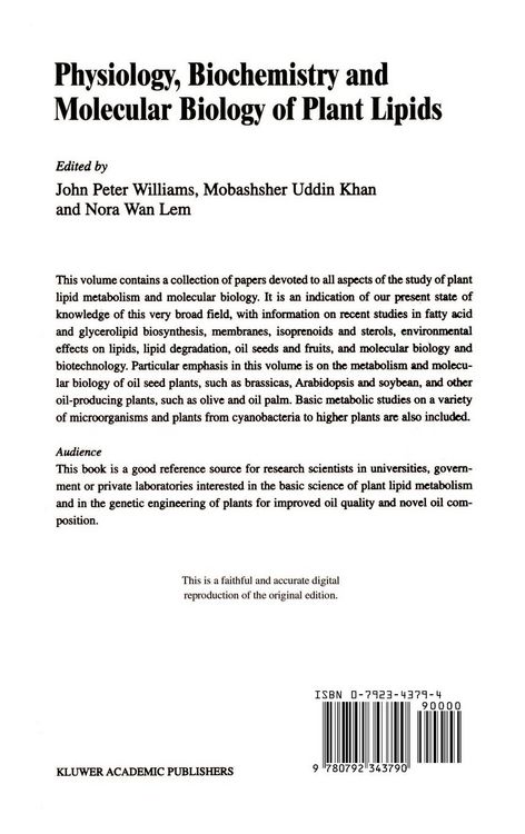 Produktbild: Physiology, Biochemistry and Molecular Biology of Plant Lipids