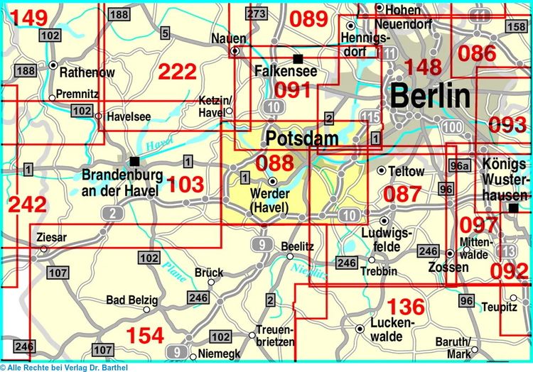Radwander- und Wanderkarte Potsdamer Havelseen, Blütenstadt Werder und Umgebung 1 : 35 000