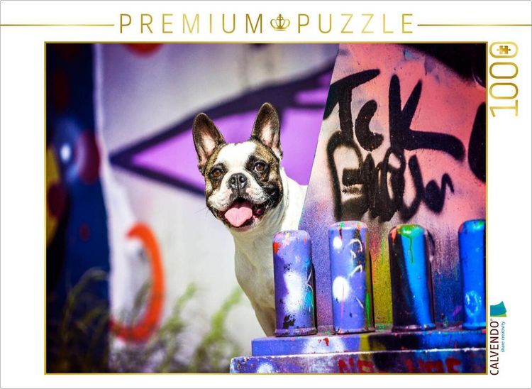 Produktbild: CALVENDO Puzzle French Bulldog sitzt vor einer Graffitiwand | 1000 Teile Lege-Gr&ouml;&szlig;e 64x48cm Foto-Puzzle f&uuml;r gl&uuml;ckliche Stunden