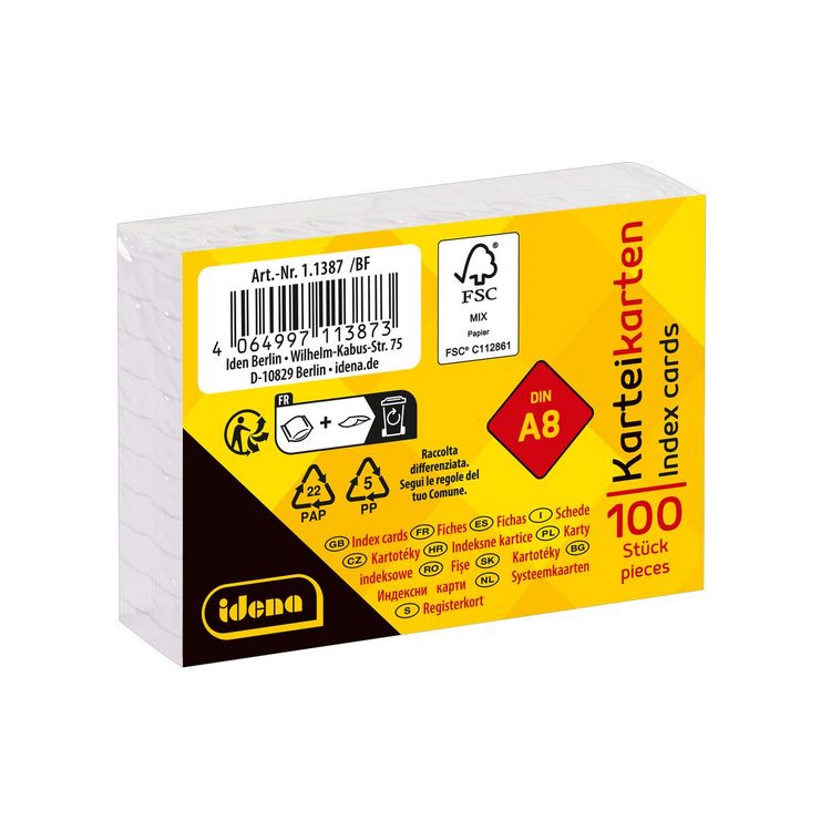 Produktbild: Idena Karteikarten kariert 180g/m&sup2; wei&szlig; DIN A8 100 St&uuml;ck