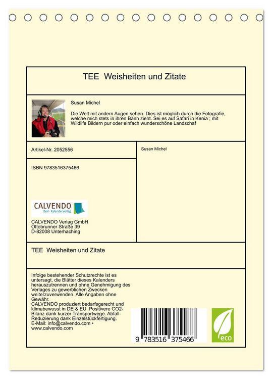 Produktbild: TEE Weisheiten und Zitate (Tischkalender 2026 DIN A5 hoch), CALVENDO Monatskalender