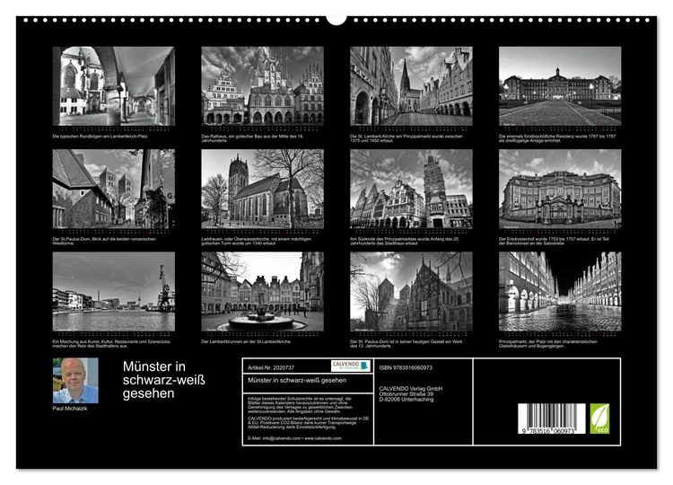 Produktbild: M&uuml;nster in schwarz-wei&szlig; gesehen (hochwertiger Premium Wandkalender 2026 DIN A2 quer), Kunstdruck in Hochglanz