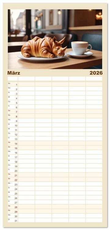 Produktbild: Familienplaner 2026 - Tierische Croissants mit 5 Spalten (Wandkalender, 21 x 45 cm) CALVENDO