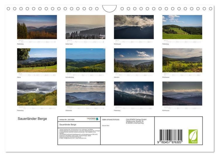 Produktbild: Sauerl&auml;nder Berge (Wandkalender 2026 DIN A4 quer), CALVENDO Monatskalender