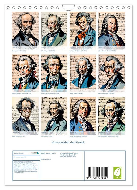Produktbild: Komponisten der Klassik (Wandkalender 2026 DIN A4 hoch), CALVENDO Monatskalender