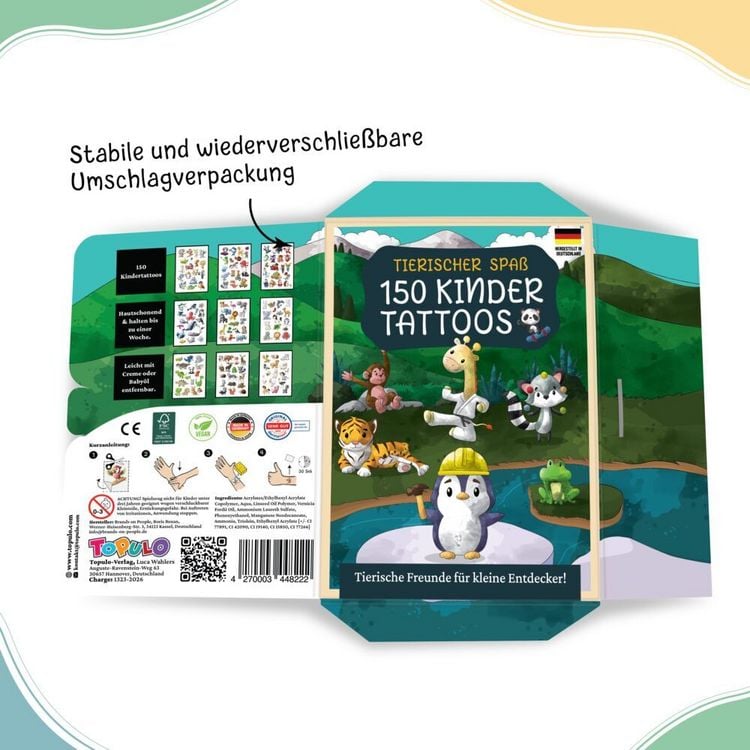 Produktbild: 150 hautfreundliche Kindertattoos &ndash; Thema: Tierischer Spa&szlig;