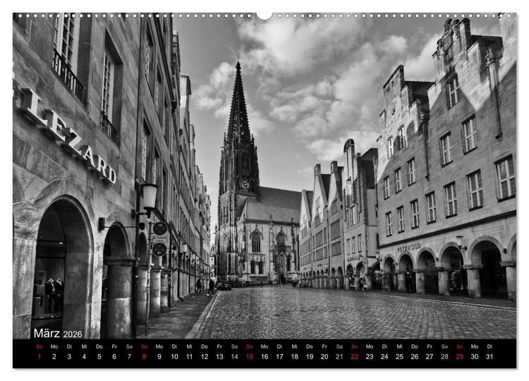 Produktbild: M&uuml;nster in schwarz-wei&szlig; gesehen (Wandkalender 2026 DIN A2 quer), CALVENDO Monatskalender