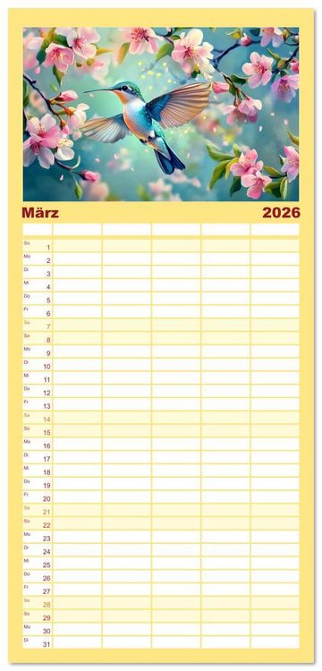 Produktbild: Familienplaner 2026 - Fliegende Kunstwerke - Kolibris mit 5 Spalten (Wandkalender, 21 x 45 cm) CALVENDO