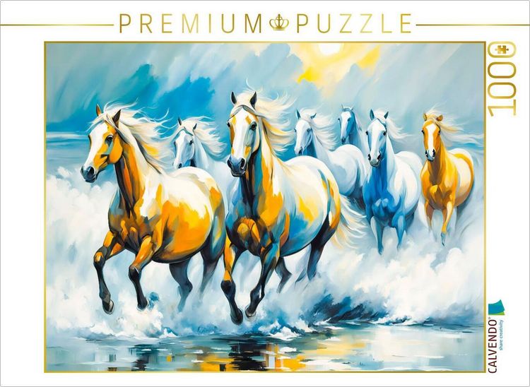 Produktbild: CALVENDO Puzzle Wildpferde im Morgenlicht am Meer | 1000 Teile Lege-Gr&ouml;&szlig;e 64x48cm Foto-Puzzle f&uuml;r gl&uuml;ckliche Stunden
