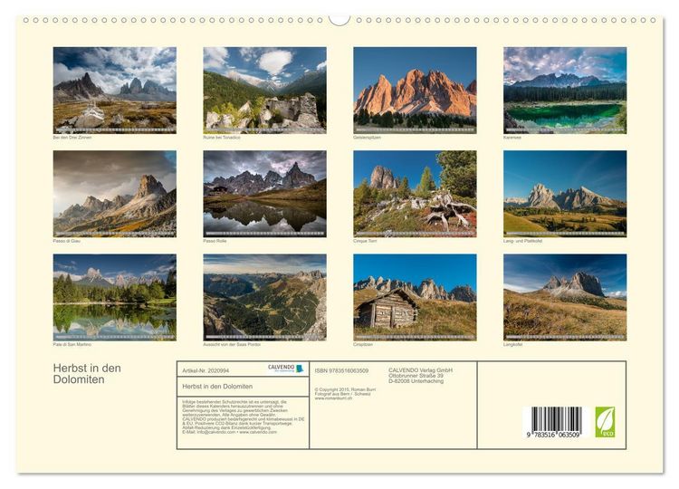 Produktbild: Herbst in den Dolomiten (hochwertiger Premium Wandkalender 2026 DIN A2 quer), Kunstdruck in Hochglanz