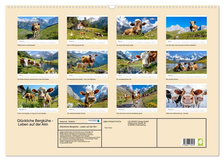 Produktbild: Gl&uuml;ckliche Bergk&uuml;he - Leben auf der Alm (Wandkalender 2026 DIN A2 quer), CALVENDO Monatskalender