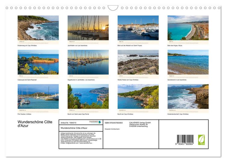 Produktbild: Wundersch&ouml;ne C&ocirc;te d'Azur (Wandkalender 2026 DIN A3 quer), CALVENDO Monatskalender