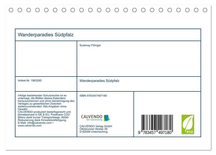 Produktbild: Wanderparadies S&uuml;dpfalz (Tischkalender 2026 DIN A5 quer), CALVENDO Monatskalender
