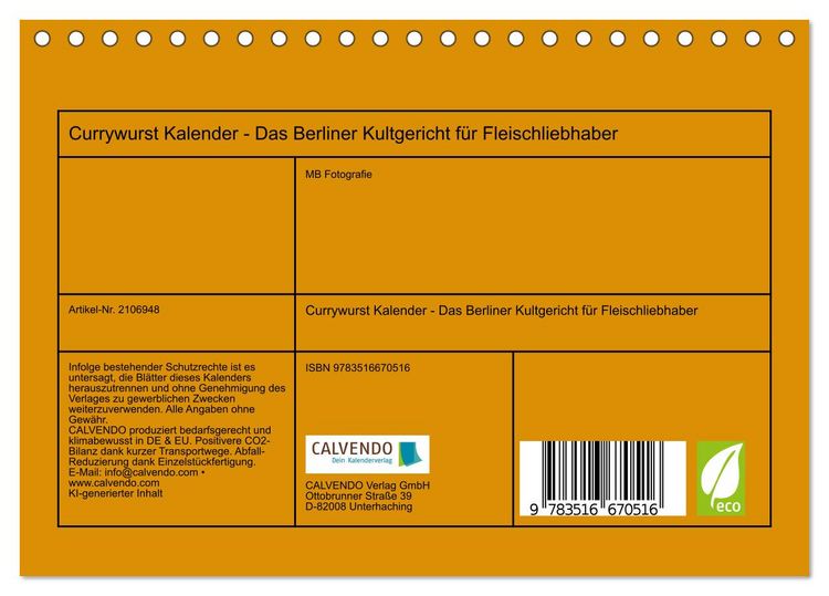 Produktbild: Currywurst Kalender - Das Berliner Kultgericht f&uuml;r Fleischliebhaber (Tischkalender 2026 DIN A5 quer), CALVENDO Monatskalender