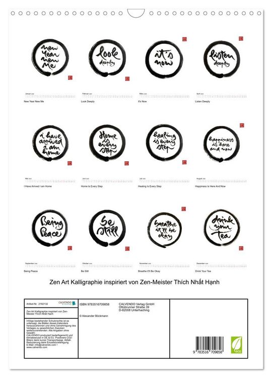 Produktbild: Zen Art Kalligraphie inspiriert von Zen-Meister Th&iacute;ch Nhất Hạnh (Wandkalender 2026 DIN A3 hoch), CALVENDO Monatskalender