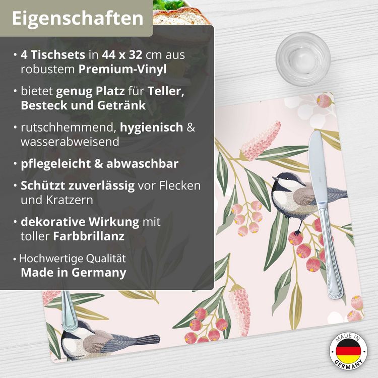 Produktbild: Tischsetmacher Tischsets Meisen mit Beeren, aus hochwertigem Vinyl (4 St&uuml;ck), 44 x 32 cm