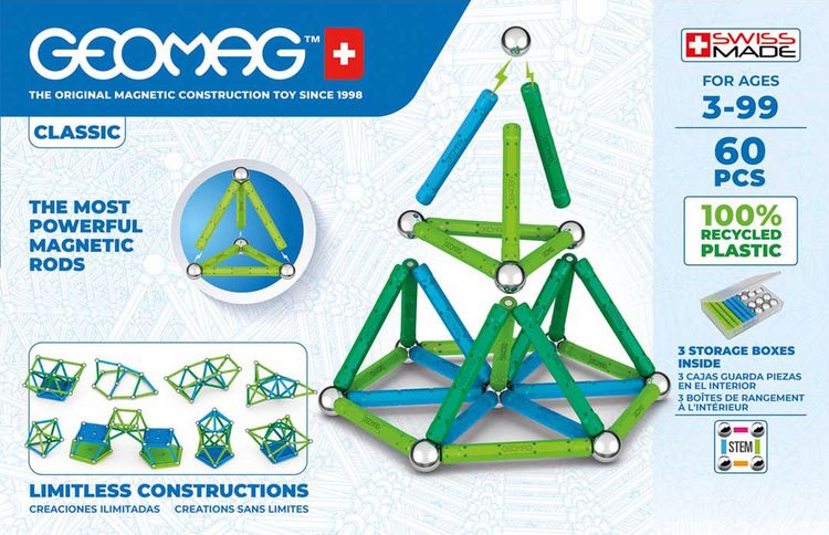 Produktbild: Invento 507035 - Geomag Classic Green Line Recycled 60 pcs, Magnetischer Baukasten, Magnetspielzeuge