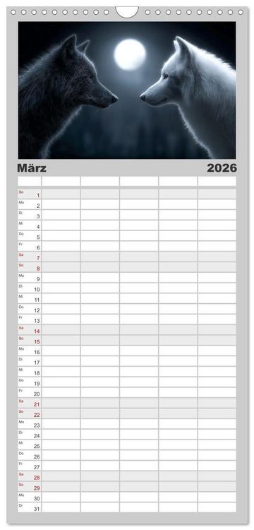 Produktbild: Familienplaner 2026 - W&ouml;lfe im Mondlicht - Ruf der Wildnis mit 5 Spalten (Wandkalender, 21 x 45 cm) CALVENDO