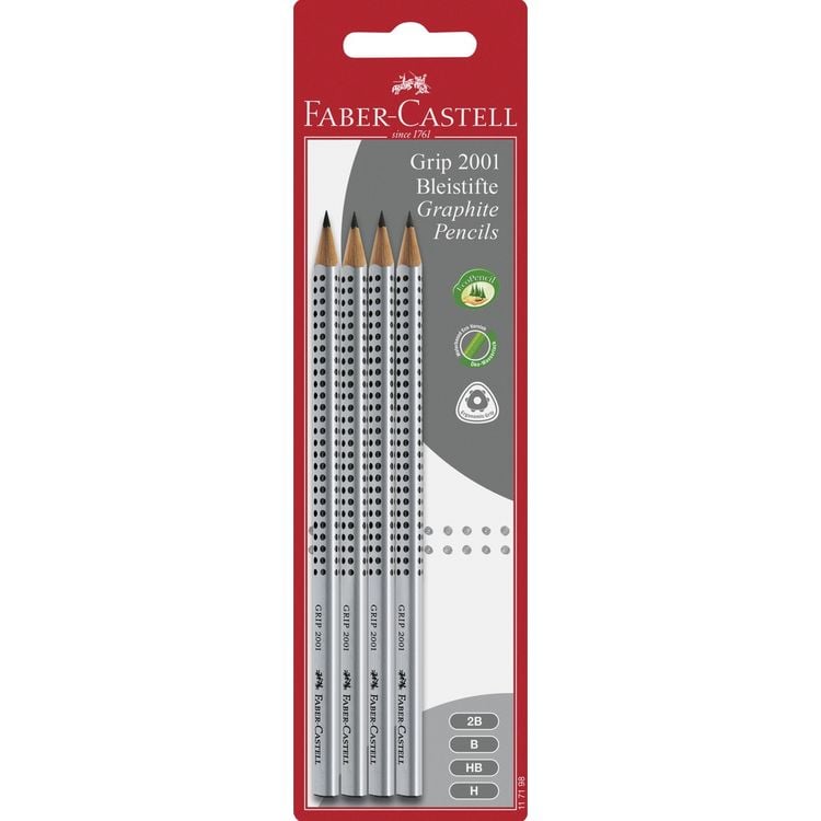 Produktbild: Faber-Castell Bleistifte Grip 2001 2B B HB H grau 4 St&uuml;ck Blister