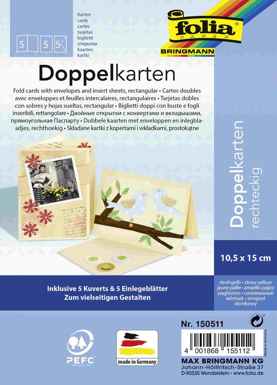 Produktbild: Folia Klappkarten/Doppelkarten f&uuml;r Einladungen, Gl&uuml;ckwunsch- oder Gru&szlig;karten, 10,5x15cm, strohgelb, 5 Karten + Kuverts + Einlagen