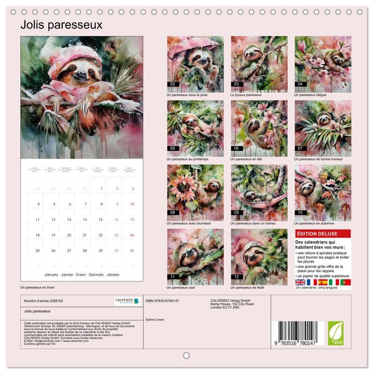Produktbild: Jolis paresseux (Calendrier mural carr&eacute; 2027 30x30 cm) Calendrier double avec une page pour vos prises de notes