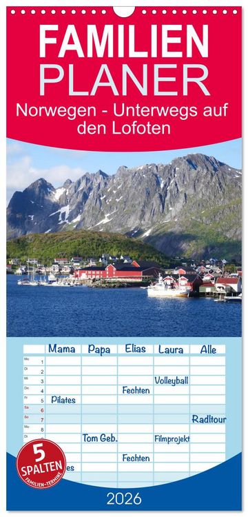 Produktbild: Familienplaner 2026 - Norwegen - Unterwegs auf den Lofoten mit 5 Spalten (Wandkalender, 21 x 45 cm) CALVENDO