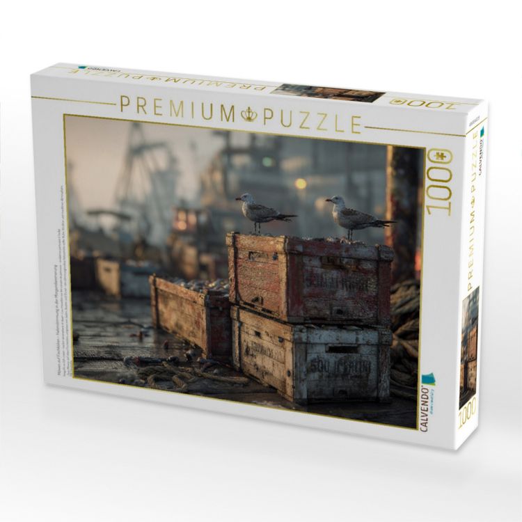 Produktbild: CALVENDO Puzzle M&ouml;wen auf Fischkisten - Hafenstimmung in der Morgend&auml;mmerung | 1000 Teile Lege-Gr&ouml;&szlig;e 64x48cm Foto-Puzzle f&uuml;r gl&uuml;ckliche Stunden