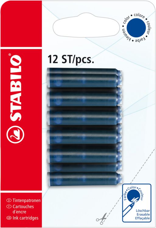 Produktbild: STABILO Patronen zum Nachf&uuml;llen -   Tintenpatrone - Schreibfarbe blau (l&ouml;schbar) - 12er Pack