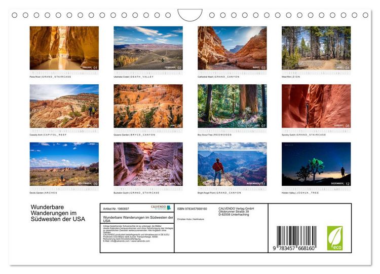 Produktbild: Wunderbare Wanderungen im S&uuml;dwesten der USA (Wandkalender 2026 DIN A4 quer), CALVENDO Monatskalender