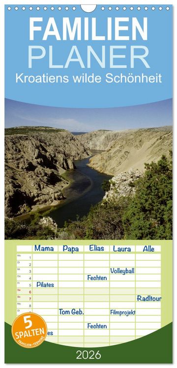 Produktbild: Familienplaner 2026 - Kroatiens wilde Sch&ouml;nheit mit 5 Spalten (Wandkalender, 21 x 45 cm) CALVENDO