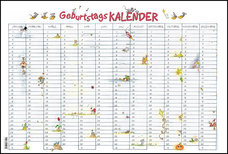 Produktbild: Alpha Edition - Geburtstags-Wandplaner Cartoon, immerw&auml;hrend, 49,5x33,5cm, Kalender mit immerw&auml;hrendem Kalendarium, viel Platz zum Gestalten und deutsches Kalendarium