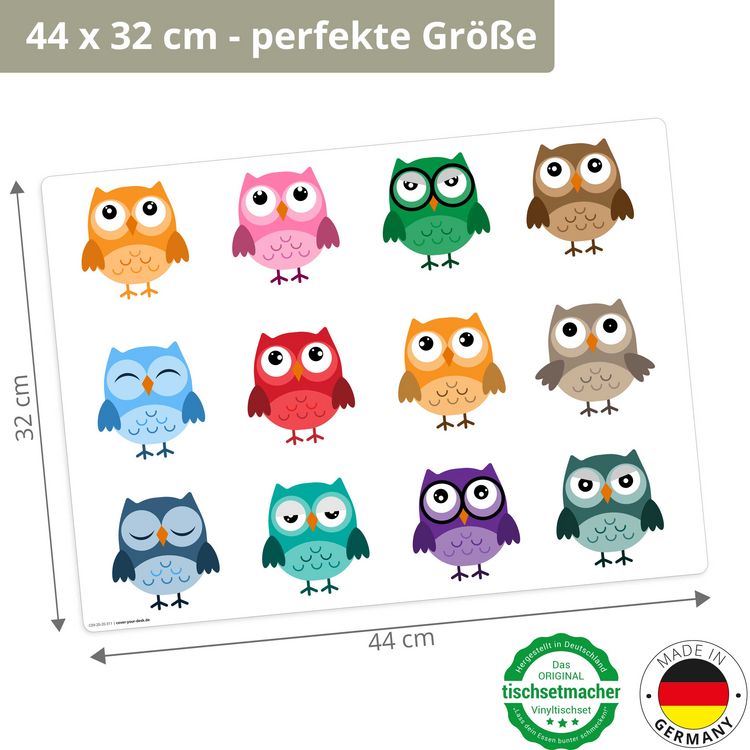 Produktbild: Tischsetmacher Tischset f&uuml;r Kinder Bunte Eulen, aus hochwertigem Vinyl , 44 x 32 cm