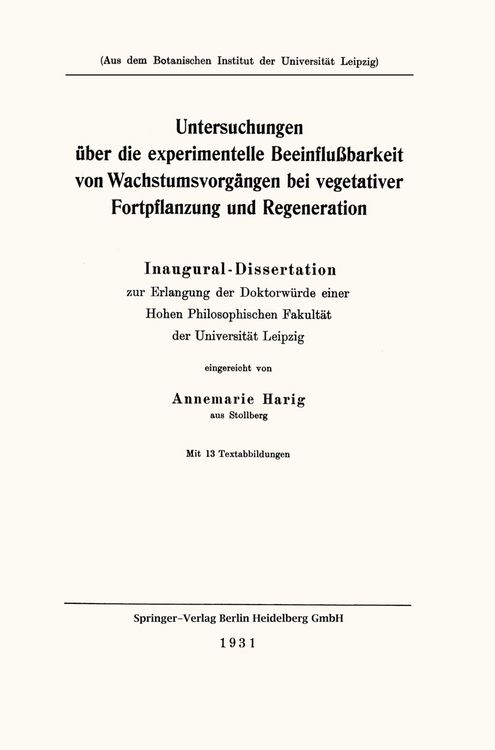 Produktbild: Untersuchungen &uuml;ber die experimentelle Beeinflu&szlig;barkeit von Wachstumsvorg&auml;ngen bei vegetativer Fortpflanzung und Regeneration