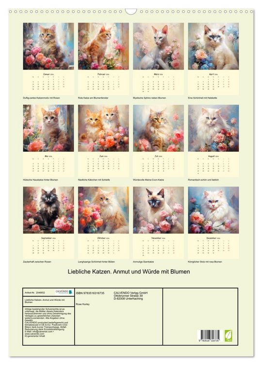 Produktbild: Liebliche Katzen. Anmut und W&uuml;rde mit Blumen (Wandkalender 2026 DIN A2 hoch), CALVENDO Monatskalender