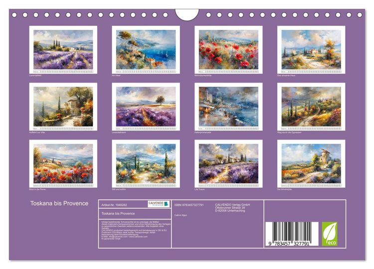 Produktbild: Toskana bis Provence (Wandkalender 2026 DIN A4 quer), CALVENDO Monatskalender