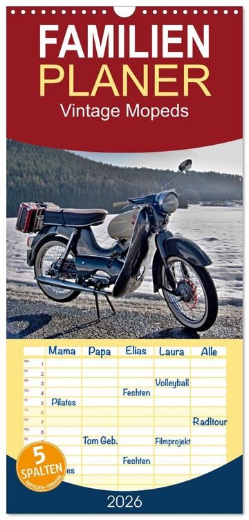 Produktbild: Familienplaner 2026 - Vintage Mopeds mit 5 Spalten (Wandkalender, 21 x 45 cm) CALVENDO