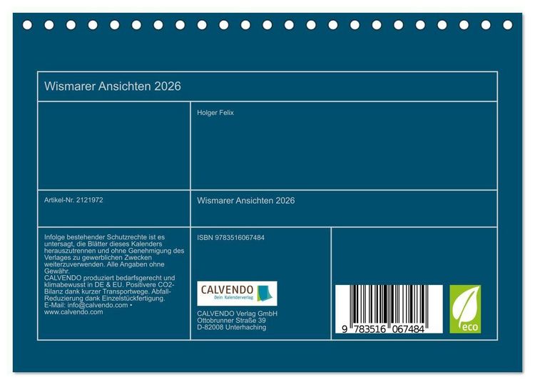 Produktbild: Wismarer Ansichten 2026 (Tischkalender 2026 DIN A5 quer), CALVENDO Monatskalender