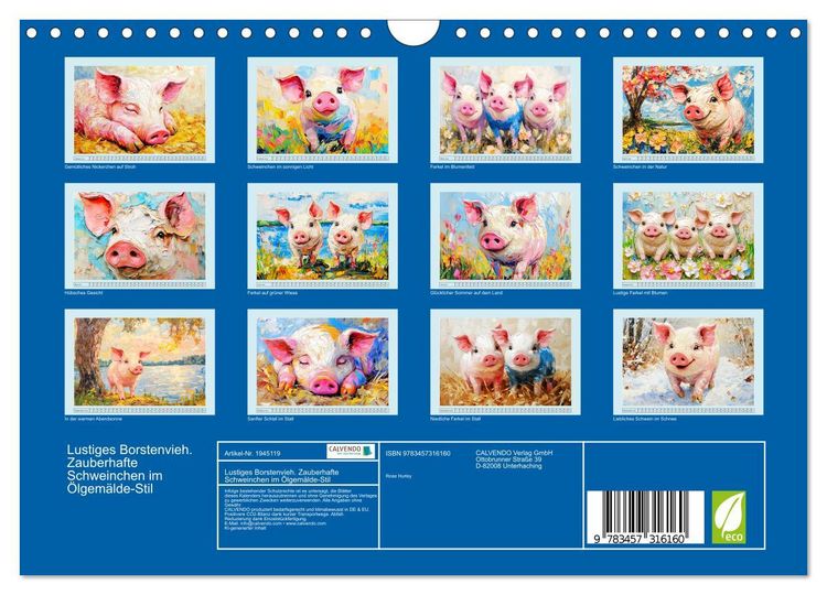Produktbild: Lustiges Borstenvieh. Zauberhafte Schweinchen im &Ouml;lgem&auml;lde-Stil (Wandkalender 2026 DIN A4 quer), CALVENDO Monatskalender