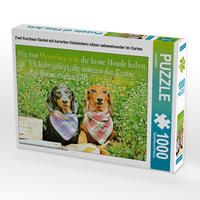 Produktbild: CALVENDO Puzzle Zwei Kurzhaar-Dackel mit karierten Halst&uuml;chern sitzen nebeneinander im Garten | 1000 Teile Lege-Gr&ouml;&szlig;e 64x48cm Foto-Puzzle f&uuml;r gl&uuml;cklic