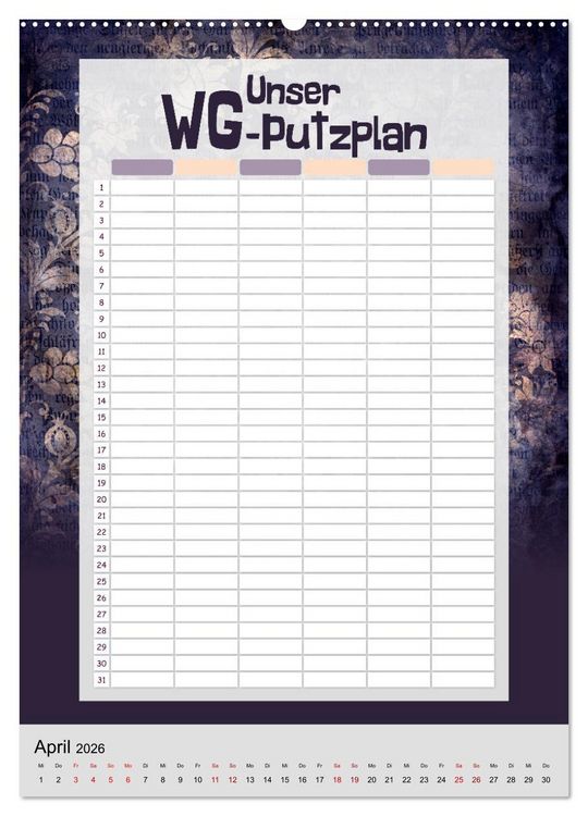 Produktbild: Gothic WG-Putzplan & Kalender 2026 (Wandkalender 2026 DIN A2 hoch), CALVENDO Monatskalender
