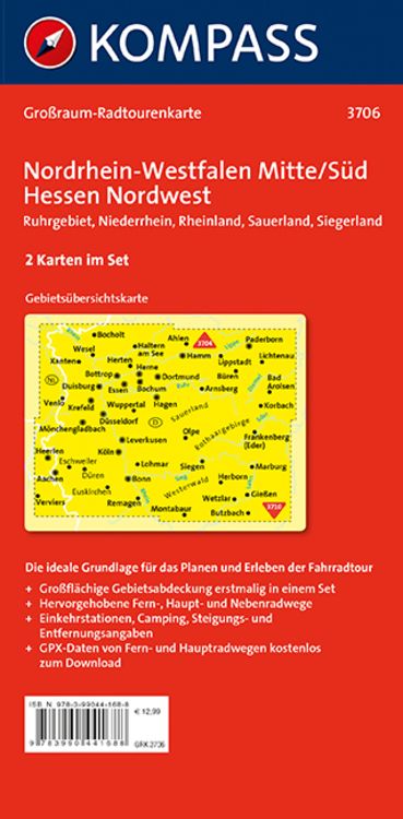 Produktbild: KOMPASS Gro&szlig;raum-Radtourenkarte 3706 Nordrhein-Westfalen Mitte/S&uuml;d, Hessen Nordwest 1:125.000