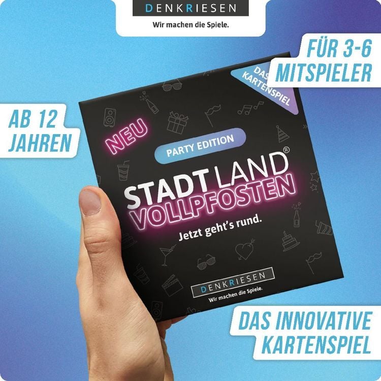 DENKRIESEN - STADT LAND VOLLPFOSTEN® - Das Kartenspiel - PARTY EDITION "Jetzt geht's rund."